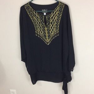 Bob Mackie Black Top with Gold Embroidery and Beading Size XL Side Tie